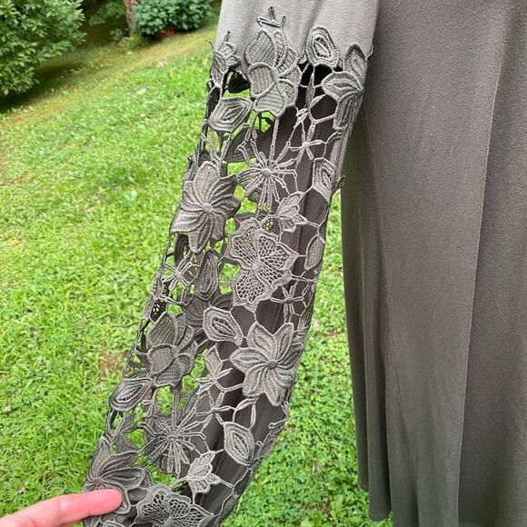 Spense Army Green Embroidered Cutwork Lace Sleeve Trapeze Dress Size L - Picture 5 of 9